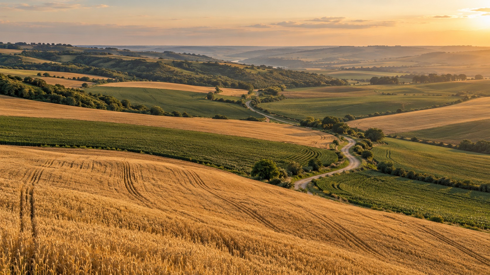 Rolling agricultural fields in warm evening light
